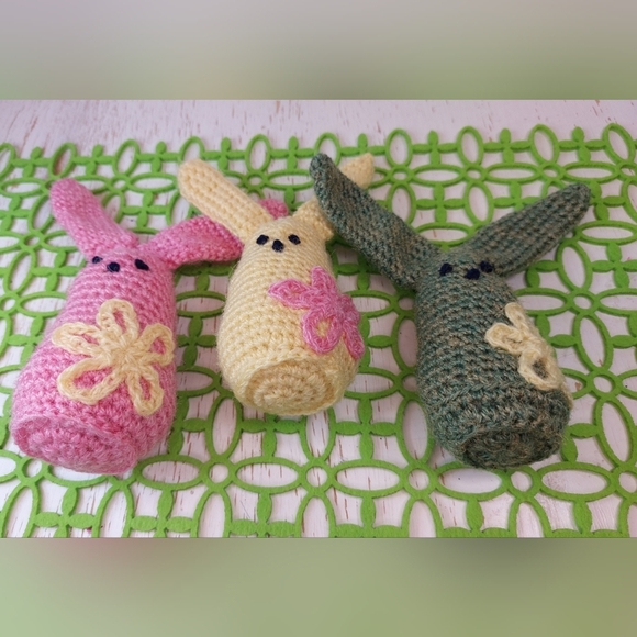 Three Cute Long Ear Bunnies with Flowers Handmade by me! Cute Decor or Gift Boho - Picture 8 of 12